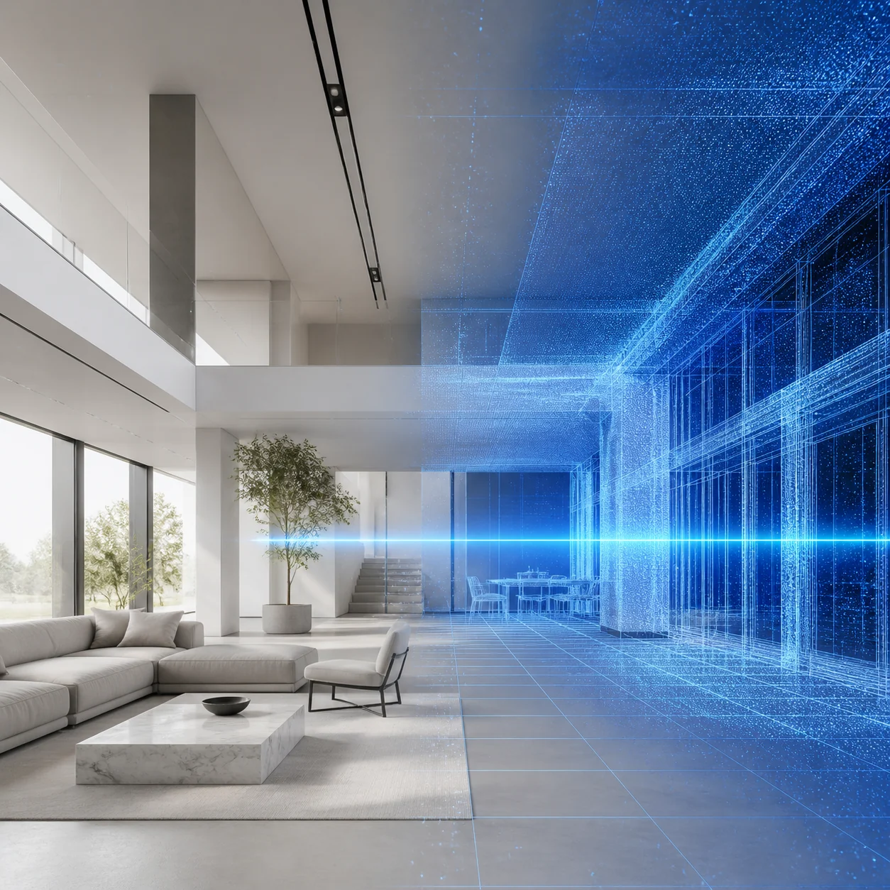 A modern interior transitioning into a blue digital-twin point cloud